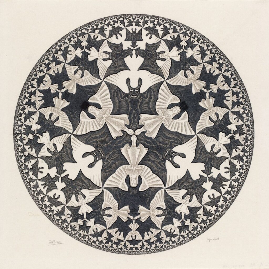 M.C. Escher. Circle Limit IV (Heaven and Hell), woodcut in ochre and black, printed from two blocks, July 1960
